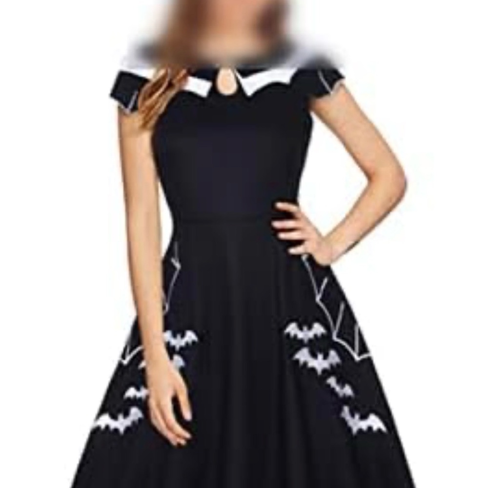 Unique Vintage Black and White Bat Midi Dress